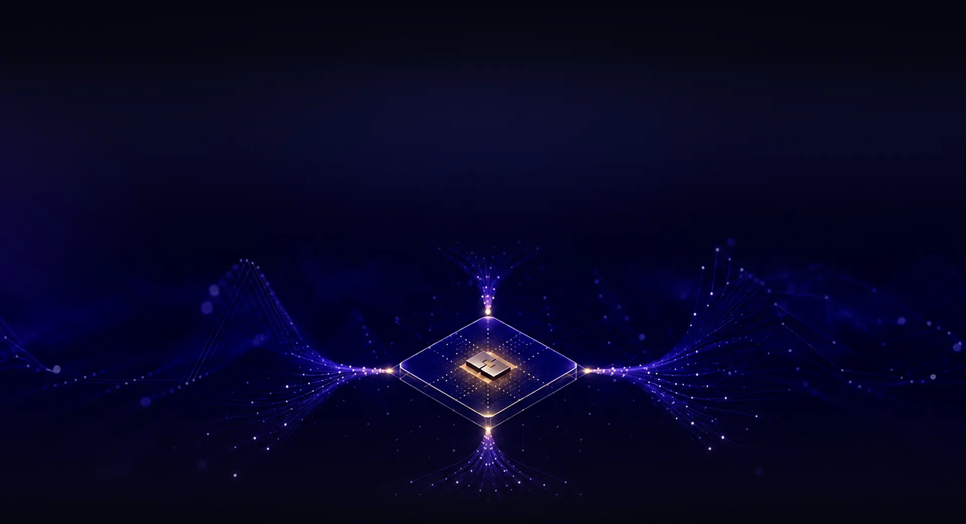A gold intelligence chip connected to blue and violet data streams