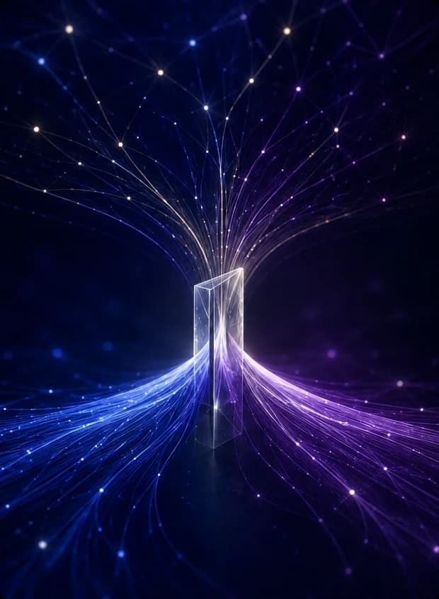 A luminous prism channeling blue and violet networks into an expanding alliance